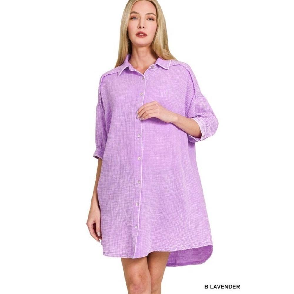 Zenana Washed Double Gauze Button Down Shirt Dress - Small